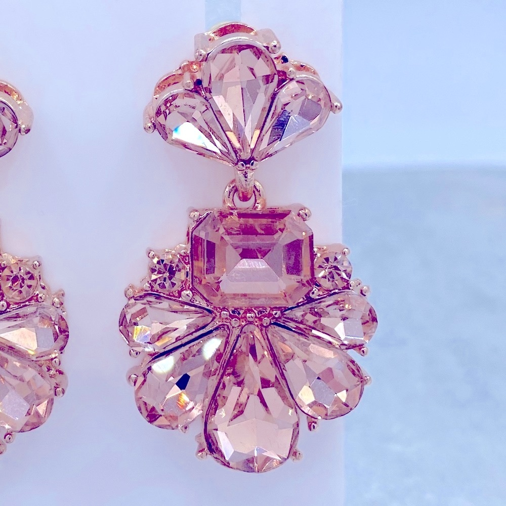 Rose Gold Tone Champaign Color Rhinestone Statement Earrings Pierced - Picture 4 of 5